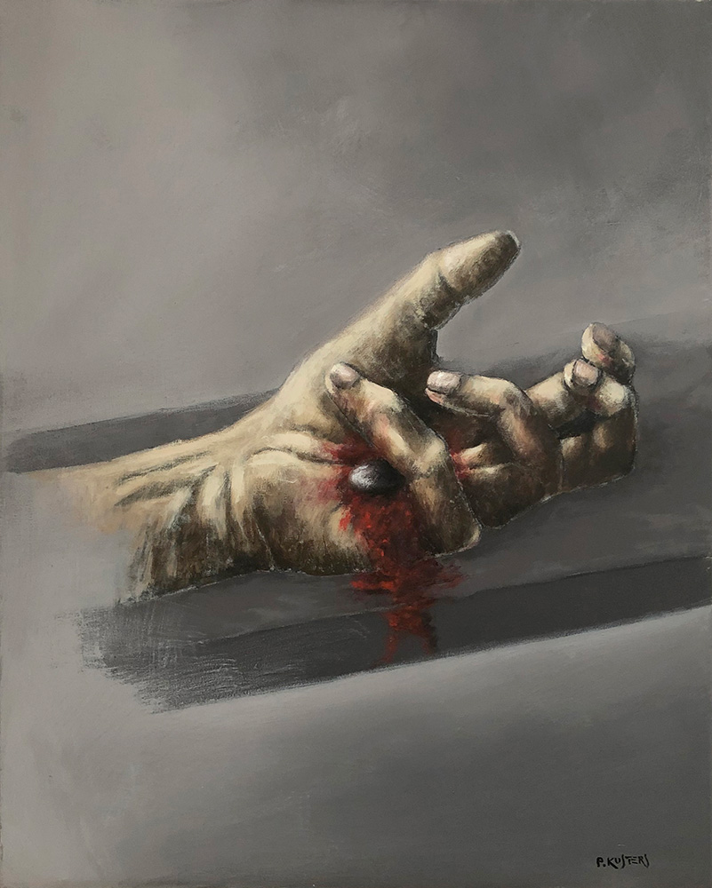 A painting of Jesus Christ's hand nailed to the cross